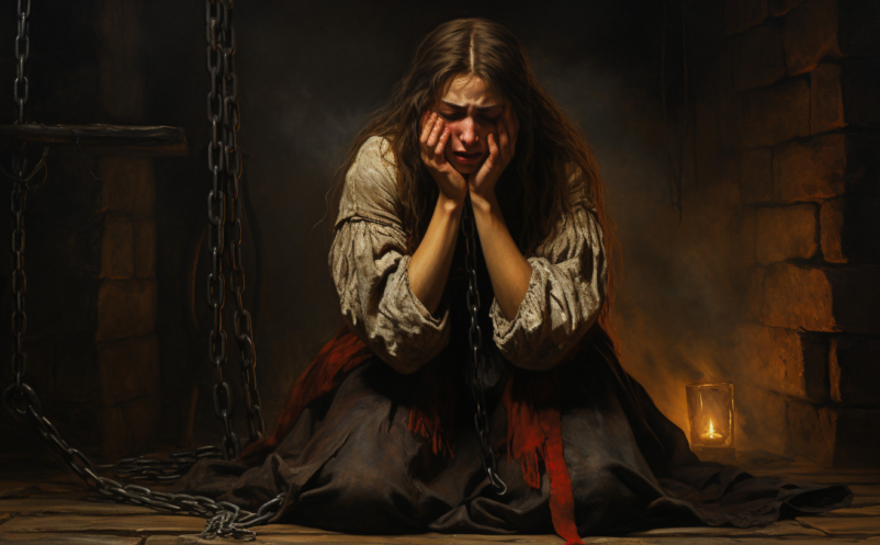 A woman is crying in a dungeon after being accused of witchcraft.