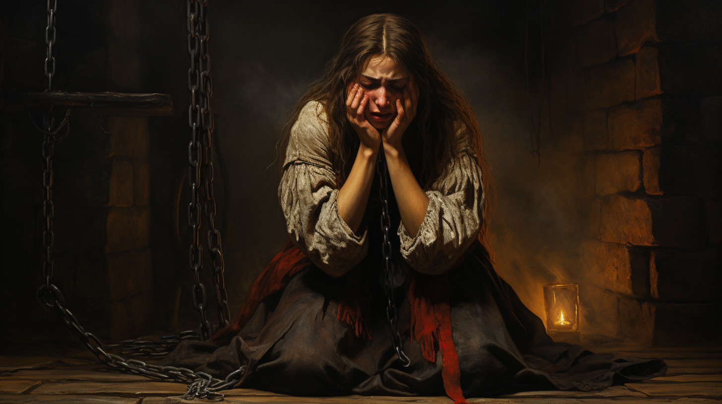 A woman is crying in a dungeon after being accused of witchcraft.