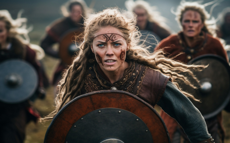 Viking shield maidens, holding shields and weapons, runs to battle