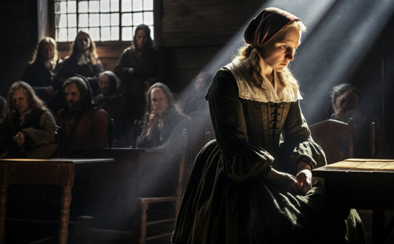 A Danish woman sits trial for witchcraft. The sun is shining on her, but she looks scared.