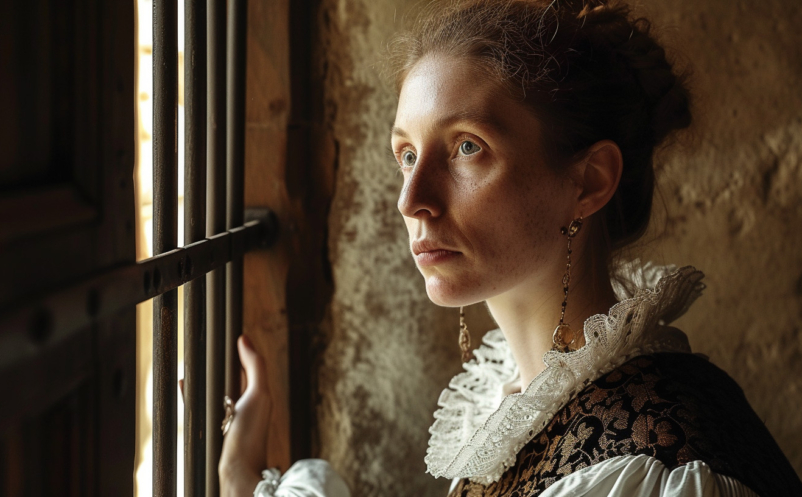 Katarina Jagellonica, married to future Johan III of Sweden, stands by a window looking out from her prison cell.
