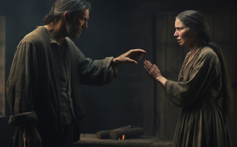 A man is accusing a woman of witch craft.