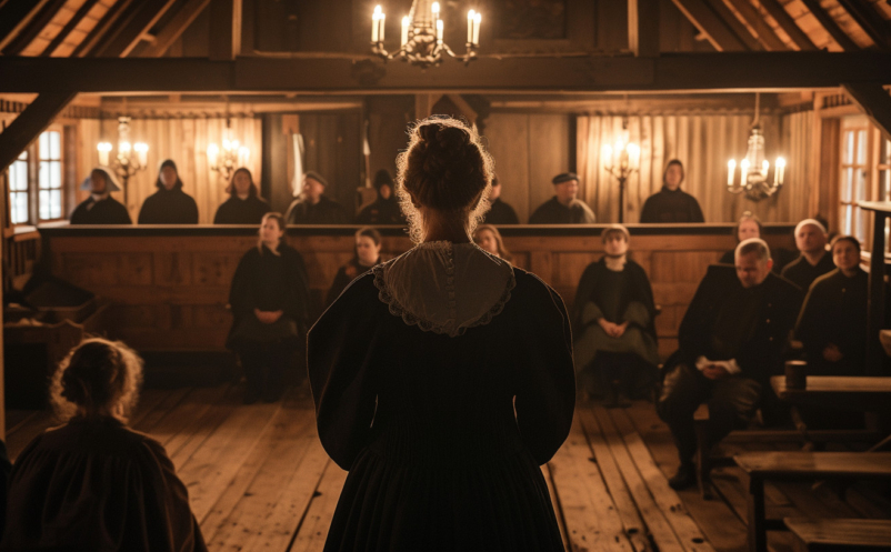 A woman is accused of Witch Craft in front of judges inside a 17th century court room