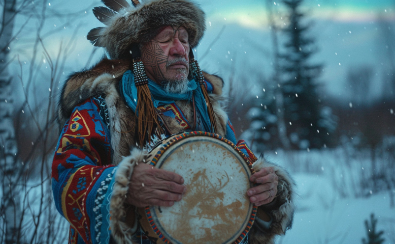 A Sami Nåjd with a traditional Sami drum in a Nordic landscape