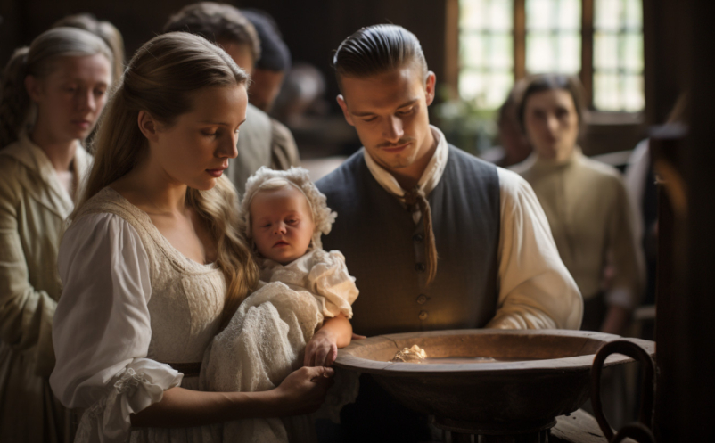 A baptism in a Swedish church in the 17th century.