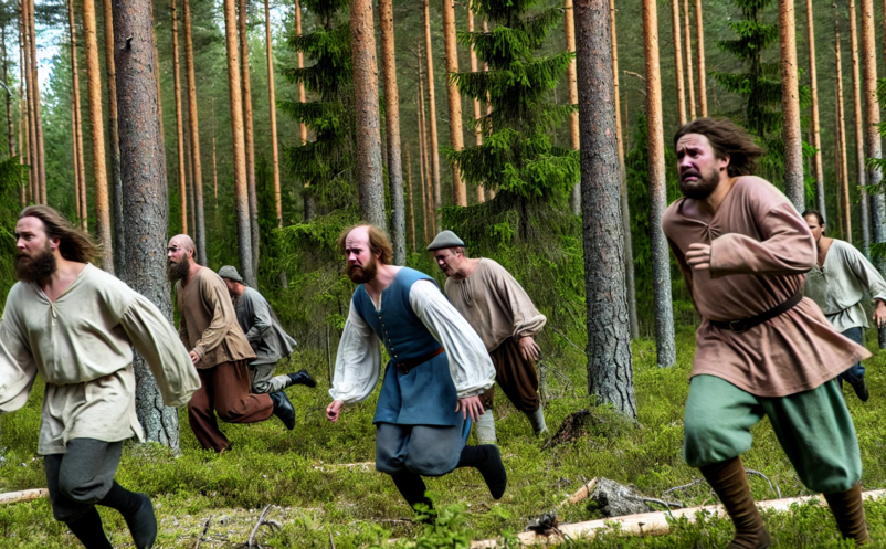 Snapphanar som springer från fiender i skogen, 1600-tal.